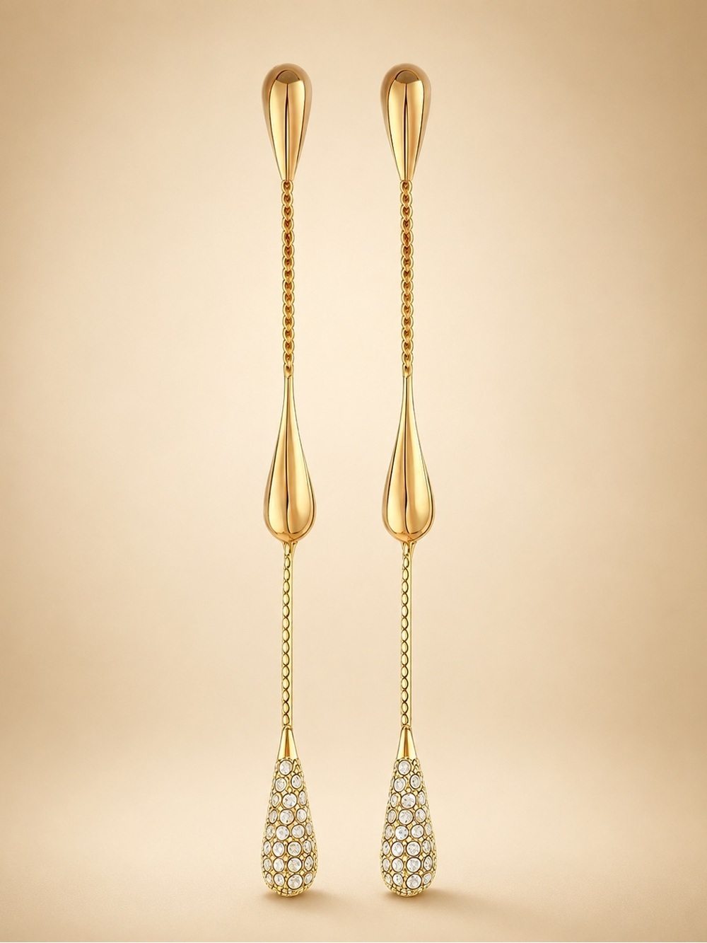Gold Teardrop Chain Earrings with Crystal Accents